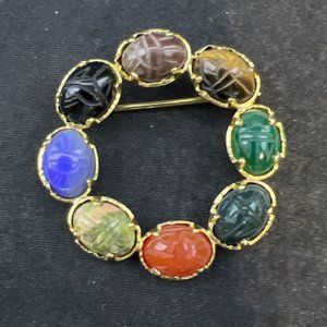 Vintage D'or 1/20 12K GF Egyptian Revival Carved Gemstone Scarab Brooch (3979)